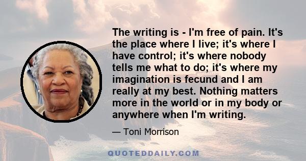 The writing is - I'm free of pain. It's the place where I live; it's where I have control; it's where nobody tells me what to do; it's where my imagination is fecund and I am really at my best. Nothing matters more in