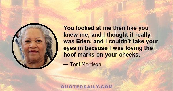 You looked at me then like you knew me, and I thought it really was Eden, and I couldn't take your eyes in because I was loving the hoof marks on your cheeks.