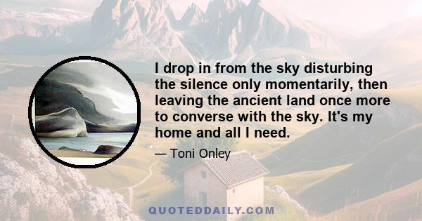 I drop in from the sky disturbing the silence only momentarily, then leaving the ancient land once more to converse with the sky. It's my home and all I need.