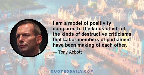 I am a model of positivity compared to the kinds of vitriol, the kinds of destructive criticisms that Labor members of parliament have been making of each other.