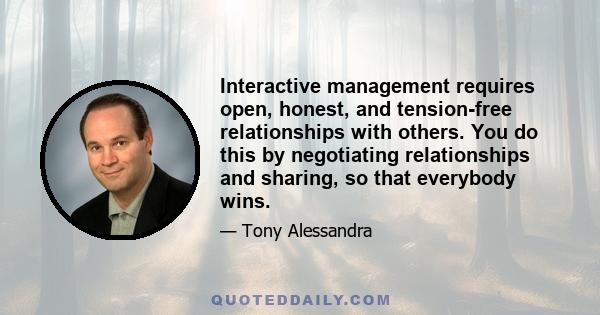 Interactive management requires open, honest, and tension-free relationships with others. You do this by negotiating relationships and sharing, so that everybody wins.