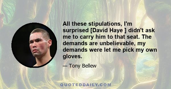 All these stipulations, I'm surprised [David Haye ] didn't ask me to carry him to that seat. The demands are unbelievable, my demands were let me pick my own gloves.