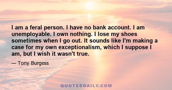 I am a feral person. I have no bank account. I am unemployable. I own nothing. I lose my shoes sometimes when I go out. It sounds like I'm making a case for my own exceptionalism, which I suppose I am, but I wish it