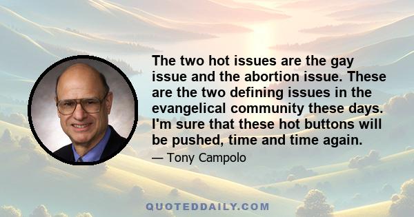 The two hot issues are the gay issue and the abortion issue. These are the two defining issues in the evangelical community these days. I'm sure that these hot buttons will be pushed, time and time again.