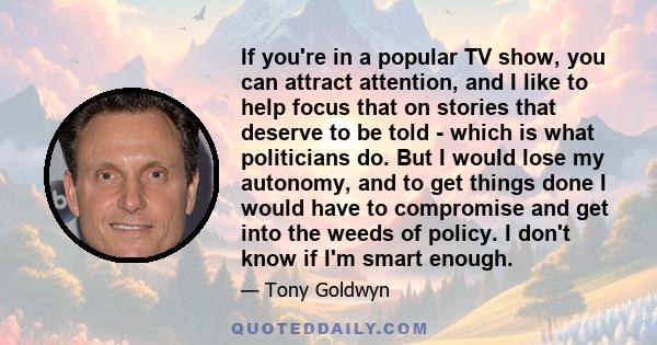 If you're in a popular TV show, you can attract attention, and I like to help focus that on stories that deserve to be told - which is what politicians do. But I would lose my autonomy, and to get things done I would