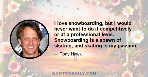 I love snowboarding, but I would never want to do it competitively or at a professional level. Snowboarding is a spawn of skating, and skating is my passion.