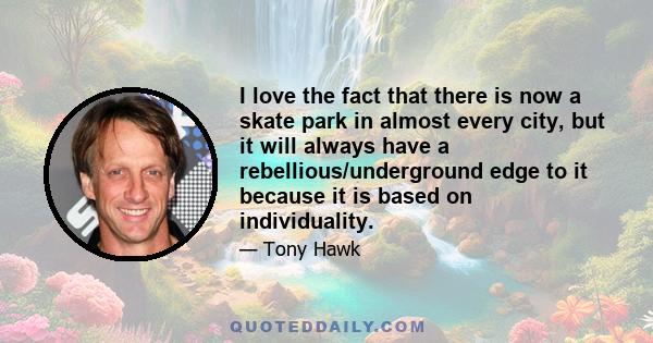 I love the fact that there is now a skate park in almost every city, but it will always have a rebellious/underground edge to it because it is based on individuality.