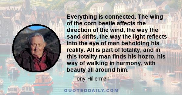 Everything is connected. The wing of the corn beetle affects the direction of the wind, the way the sand drifts, the way the light reflects into the eye of man beholding his reality. All is part of totality, and in this 