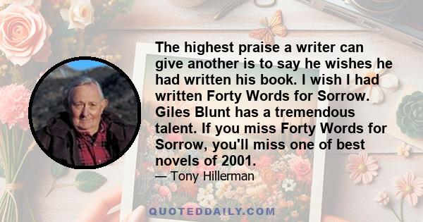 The highest praise a writer can give another is to say he wishes he had written his book. I wish I had written Forty Words for Sorrow. Giles Blunt has a tremendous talent. If you miss Forty Words for Sorrow, you'll miss 