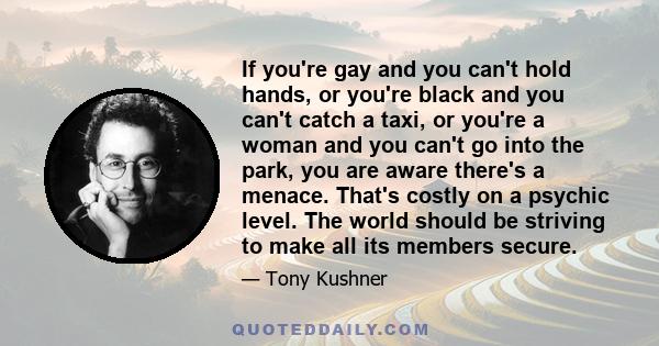 If you're gay and you can't hold hands, or you're black and you can't catch a taxi, or you're a woman and you can't go into the park, you are aware there's a menace. That's costly on a psychic level. The world should be 