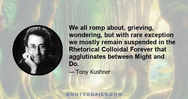 We all romp about, grieving, wondering, but with rare exception we mostly remain suspended in the Rhetorical Colloidal Forever that agglutinates between Might and Do.