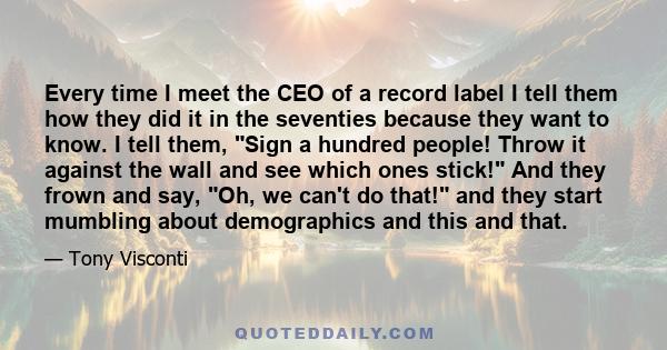 Every time I meet the CEO of a record label I tell them how they did it in the seventies because they want to know. I tell them, Sign a hundred people! Throw it against the wall and see which ones stick! And they frown