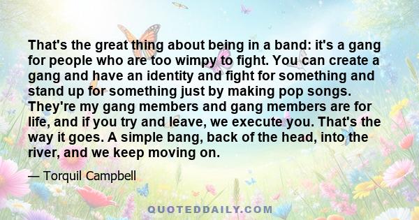 That's the great thing about being in a band: it's a gang for people who are too wimpy to fight. You can create a gang and have an identity and fight for something and stand up for something just by making pop songs.