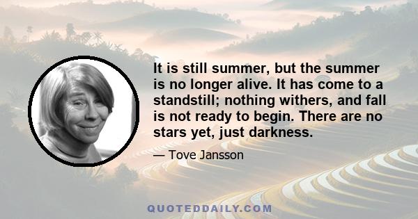 It is still summer, but the summer is no longer alive. It has come to a standstill; nothing withers, and fall is not ready to begin. There are no stars yet, just darkness.