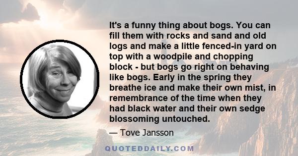 It's a funny thing about bogs. You can fill them with rocks and sand and old logs and make a little fenced-in yard on top with a woodpile and chopping block - but bogs go right on behaving like bogs. Early in the spring 