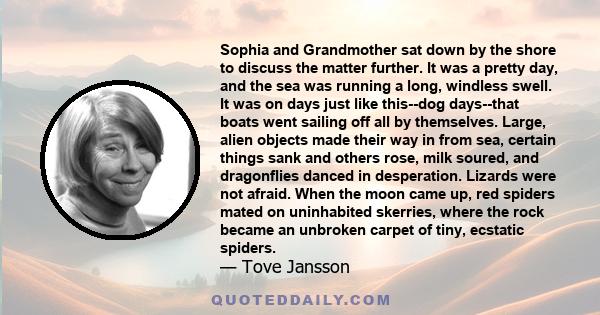 Sophia and Grandmother sat down by the shore to discuss the matter further. It was a pretty day, and the sea was running a long, windless swell. It was on days just like this--dog days--that boats went sailing off all