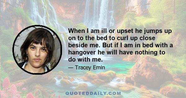 When I am ill or upset he jumps up on to the bed to curl up close beside me. But if I am in bed with a hangover he will have nothing to do with me.