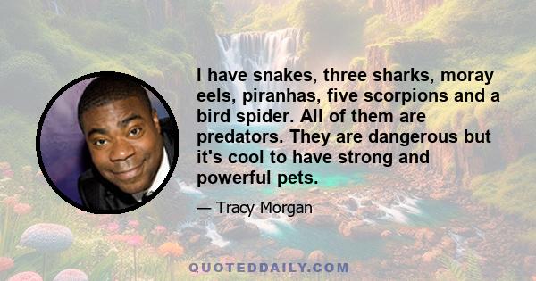 I have snakes, three sharks, moray eels, piranhas, five scorpions and a bird spider. All of them are predators. They are dangerous but it's cool to have strong and powerful pets.