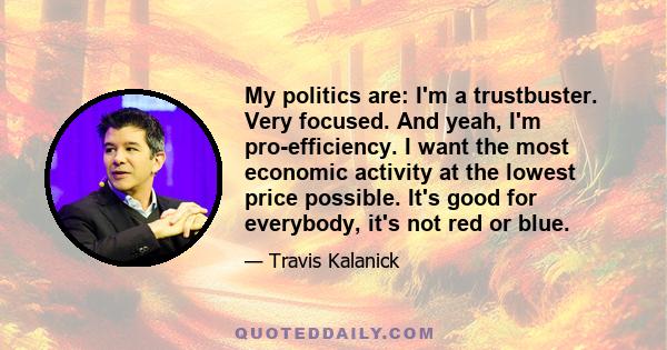 My politics are: I'm a trustbuster. Very focused. And yeah, I'm pro-efficiency. I want the most economic activity at the lowest price possible. It's good for everybody, it's not red or blue.