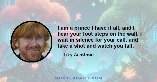 I am a prince I have it all, and I hear your foot steps on the wall, I wait in silence for your call, and take a shot and watch you fall.