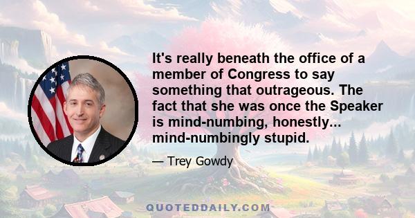 It's really beneath the office of a member of Congress to say something that outrageous. The fact that she was once the Speaker is mind-numbing, honestly... mind-numbingly stupid.