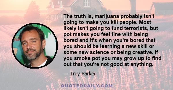 The truth is, marijuana probably isn't going to make you kill people. Most likely isn't going to fund terrorists, but pot makes you feel fine with being bored and it's when you're bored that you should be learning a new 