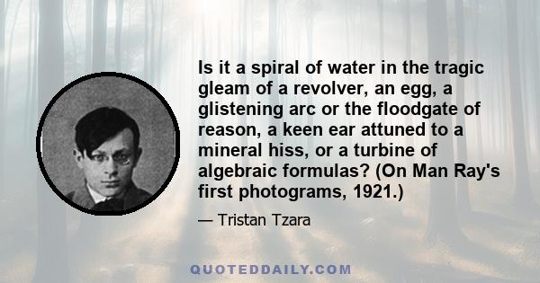 Is it a spiral of water in the tragic gleam of a revolver, an egg, a glistening arc or the floodgate of reason, a keen ear attuned to a mineral hiss, or a turbine of algebraic formulas? (On Man Ray's first photograms,