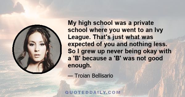 My high school was a private school where you went to an Ivy League. That's just what was expected of you and nothing less. So I grew up never being okay with a 'B' because a 'B' was not good enough.