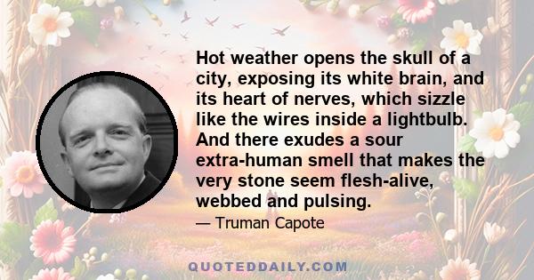 Hot weather opens the skull of a city, exposing its white brain, and its heart of nerves, which sizzle like the wires inside a lightbulb. And there exudes a sour extra-human smell that makes the very stone seem