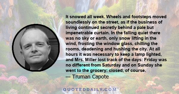 It snowed all week. Wheels and footsteps moved soundlessly on the street, as if the business of living continued secretly behind a pale but impenetrable curtain. In the falling quiet there was no sky or earth, only snow 