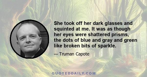 She took off her dark glasses and squinted at me. It was as though her eyes were shattered prisms, the dots of blue and gray and green like broken bits of sparkle.