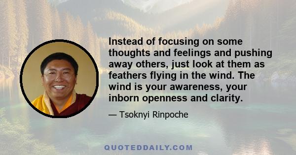 Instead of focusing on some thoughts and feelings and pushing away others, just look at them as feathers flying in the wind. The wind is your awareness, your inborn openness and clarity.