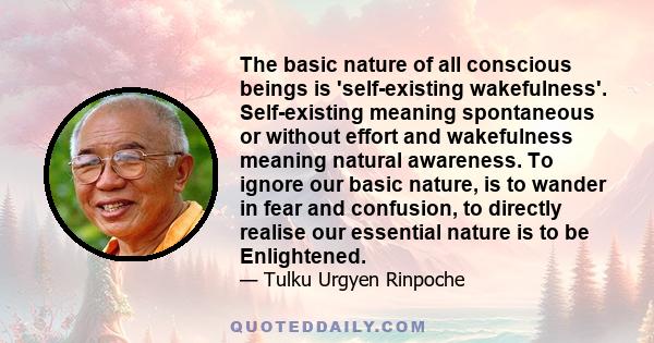 The basic nature of all conscious beings is 'self-existing wakefulness'. Self-existing meaning spontaneous or without effort and wakefulness meaning natural awareness. To ignore our basic nature, is to wander in fear