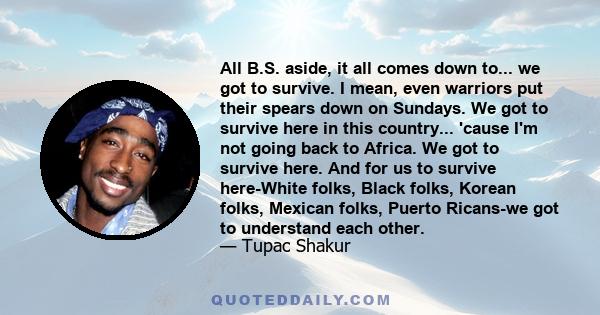 All B.S. aside, it all comes down to... we got to survive. I mean, even warriors put their spears down on Sundays. We got to survive here in this country... 'cause I'm not going back to Africa. We got to survive here.