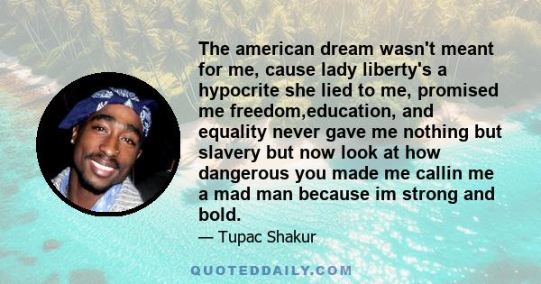 The american dream wasn't meant for me, cause lady liberty's a hypocrite she lied to me, promised me freedom,education, and equality never gave me nothing but slavery but now look at how dangerous you made me callin me