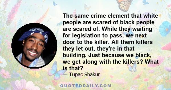 The same crime element that white people are scared of black people are scared of. While they waiting for legislation to pass, we next door to the killer. All them killers they let out, they're in that building. Just