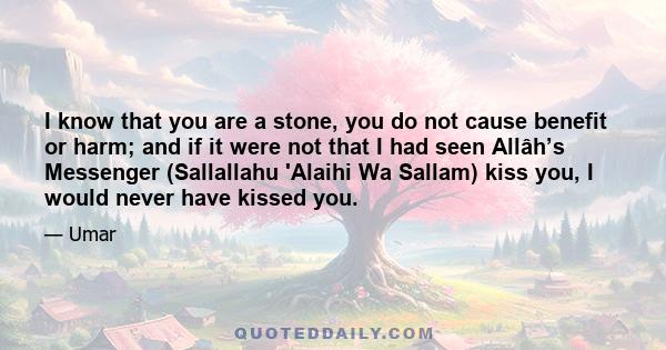 I know that you are a stone, you do not cause benefit or harm; and if it were not that I had seen Allâh’s Messenger (Sallallahu 'Alaihi Wa Sallam) kiss you, I would never have kissed you.