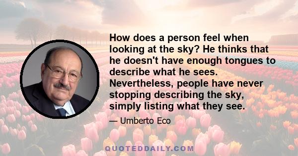 How does a person feel when looking at the sky? He thinks that he doesn't have enough tongues to describe what he sees. Nevertheless, people have never stopping describing the sky, simply listing what they see.