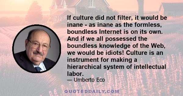 If culture did not filter, it would be inane - as inane as the formless, boundless Internet is on its own. And if we all possessed the boundless knowledge of the Web, we would be idiots! Culture is an instrument for