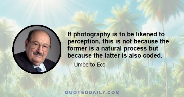 If photography is to be likened to perception, this is not because the former is a natural process but because the latter is also coded.