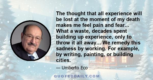 The thought that all experience will be lost at the moment of my death makes me feel pain and fear... What a waste, decades spent building up experience, only to throw it all away... We remedy this sadness by working.