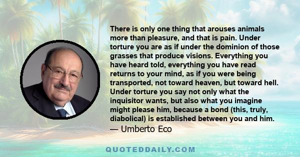 There is only one thing that arouses animals more than pleasure, and that is pain. Under torture you are as if under the dominion of those grasses that produce visions. Everything you have heard told, everything you