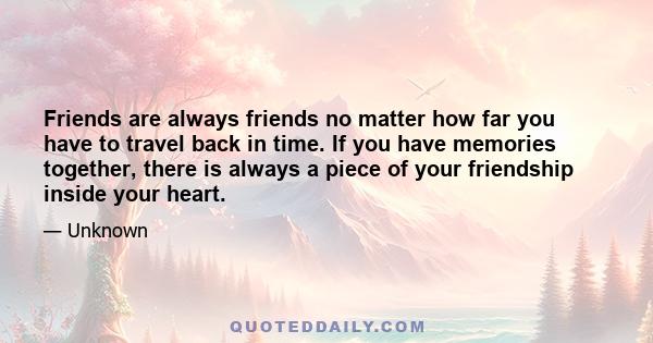 Friends are always friends no matter how far you have to travel back in time. If you have memories together, there is always a piece of your friendship inside your heart.