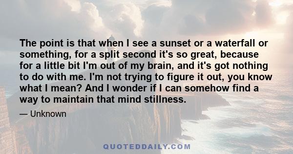 The point is that when I see a sunset or a waterfall or something, for a split second it's so great, because for a little bit I'm out of my brain, and it's got nothing to do with me. I'm not trying to figure it out, you 