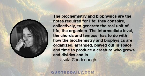 The biochemistry and biophysics are the notes required for life; they conspire, collectively, to generate the real unit of life, the organism. The intermediate level, the chords and tempos, has to do with how the