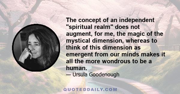 The concept of an independent spiritual realm does not augment, for me, the magic of the mystical dimension, whereas to think of this dimension as emergent from our minds makes it all the more wondrous to be a human.