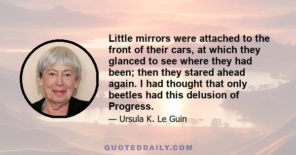 Little mirrors were attached to the front of their cars, at which they glanced to see where they had been; then they stared ahead again. I had thought that only beetles had this delusion of Progress.