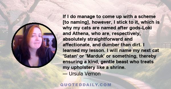 If I do manage to come up with a scheme [to naming], however, I stick to it, which is why my cats are named after gods-Loki and Athena, who are, respectively, absolutely straightforward and affectionate, and dumber than 