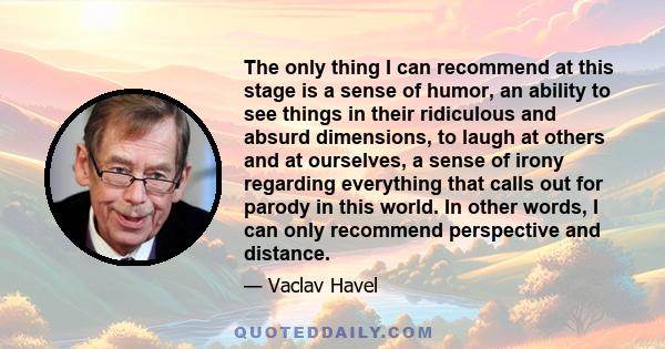 The only thing I can recommend at this stage is a sense of humor, an ability to see things in their ridiculous and absurd dimensions, to laugh at others and at ourselves, a sense of irony regarding everything that calls 