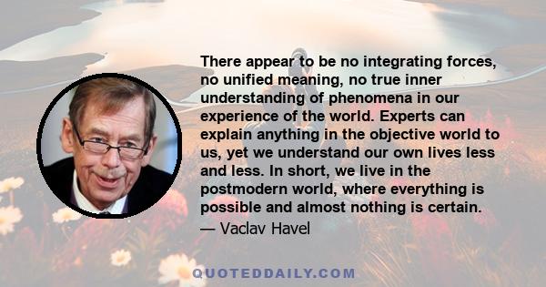 There appear to be no integrating forces, no unified meaning, no true inner understanding of phenomena in our experience of the world. Experts can explain anything in the objective world to us, yet we understand our own 